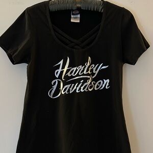 Harley-Davidson Black Short Sleeve V-Neck Tee with Silver Script Logo